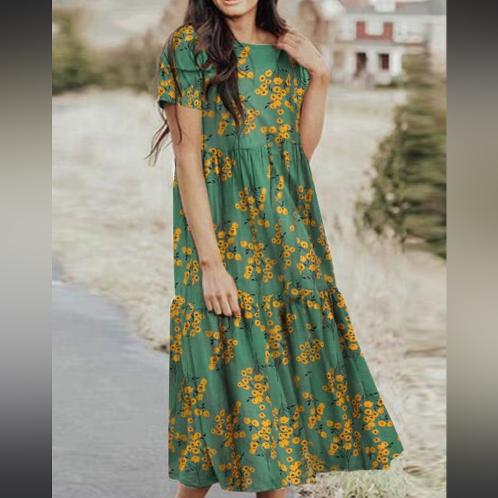 Green and Yellow Floral Midi Dress